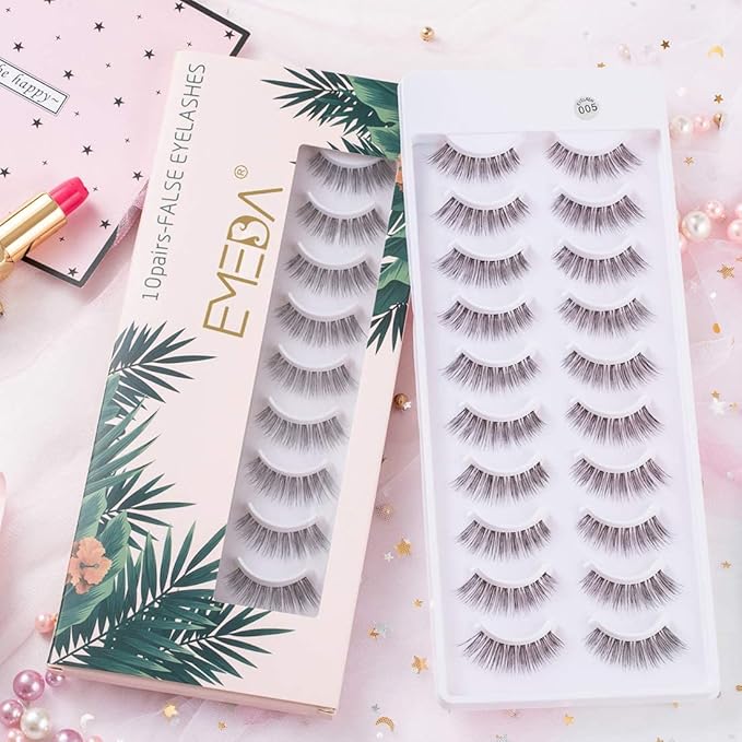 EMEDA False Eyelashes Natural Lashes Wispy 0.01mm Ultra Thin Band 12mm Pestañas Postizas Naturales Cat Eye 10 Pairs Invisible Clear Band 3D Demi Wispies Short Fake Eye Lashes Strips Handmade (005)