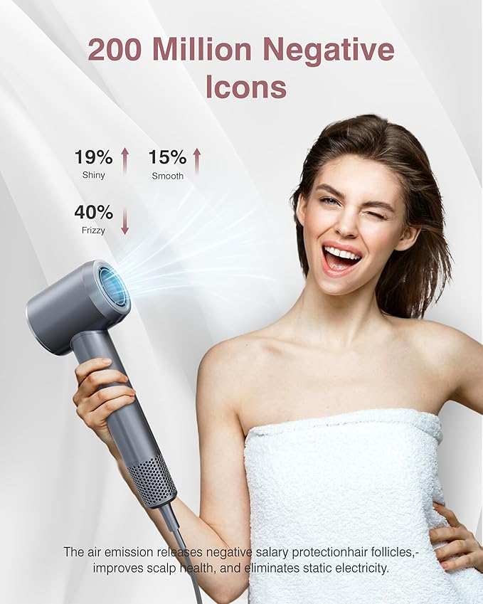 Hair Dryer, 160000 RPM Professional High Speed Ionic Blow Dryer 200 Million Negative Ions & Heat-Control & Low Noise Hairdryer with Magnetic Diffuser for Faster Drying All Hair Types, No Heat Damage