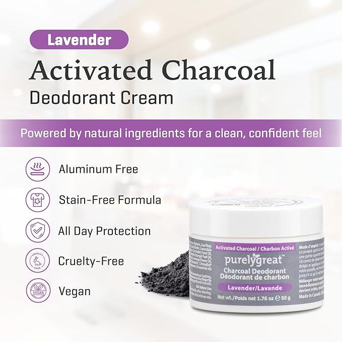 Purelygreat - Lavender Scented Charcoal Deodorant Cream, Chemical-Free Hygiene Essentials for Women, Natural Deodorant for Men Made with Activated Charcoal, Soda & Essential Oils, 1.76 oz / 50 g