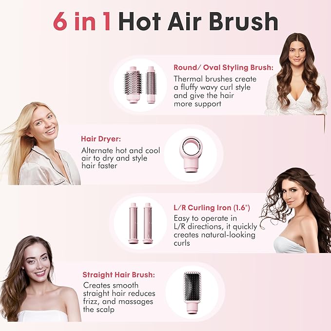 6 in 1 Blow Dryer Brush Set, Powerful Hair Dryer Brush with Auto-Winding Curl L/R, Fast Drying, Smooth Blowouts, Root-Lift Volume, No Heat Damage Frizz-Free Thermal Brush, Hot Air Styler for Travel