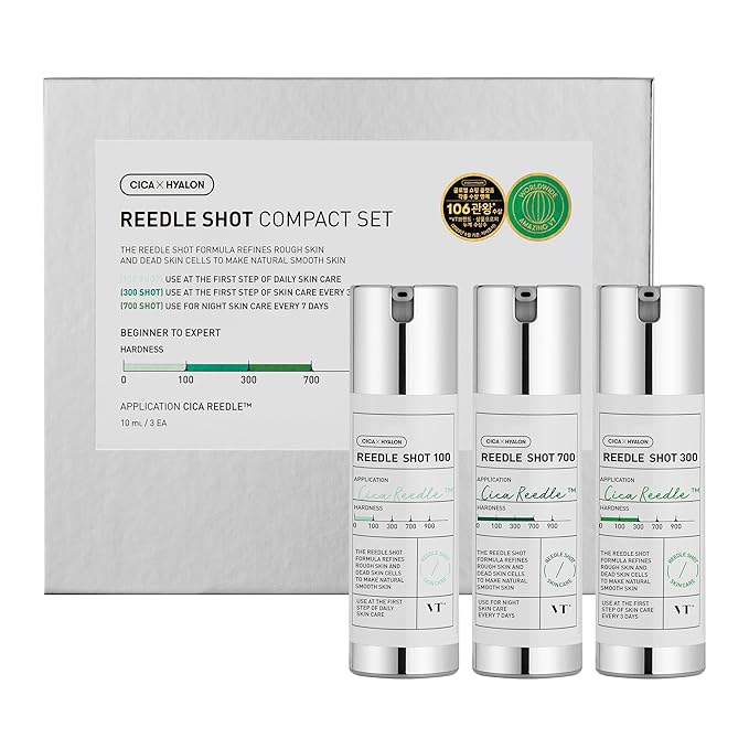 VT COSMETICS Reedle Shot Compact Set, Microneedling Serum Gift Set with Reedle Shot 100, 300, 700, Exfoliating, Anti-Aging, Travel Size Skincare for Women, Holiday Gift (0.34 oz / 10ml Each)