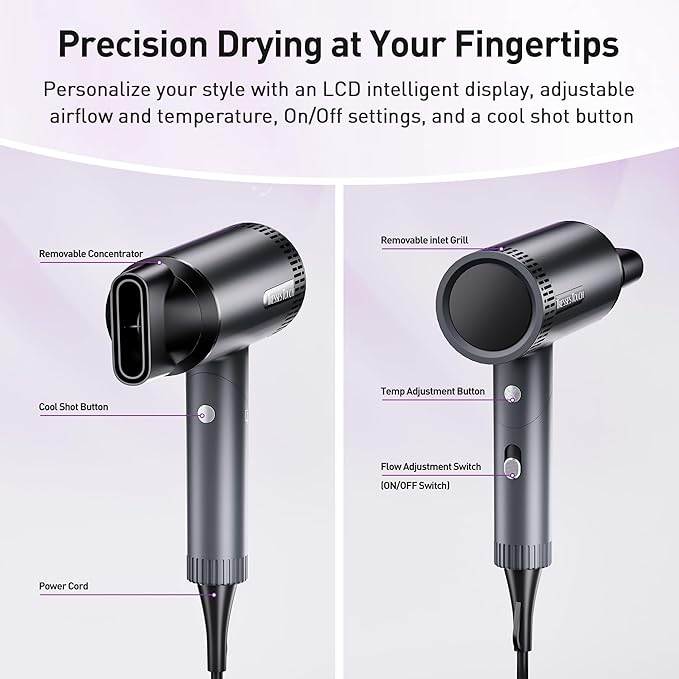 Hair Dryer, High-Speed Ionic Blow Dryer, Powerful 1600 Watt Motor for Fast Drying and Straight & Wavy Hair, Foldable, Lightweight Hairdryer with with Magnetic Suction Nozzle for Home Salon Travel