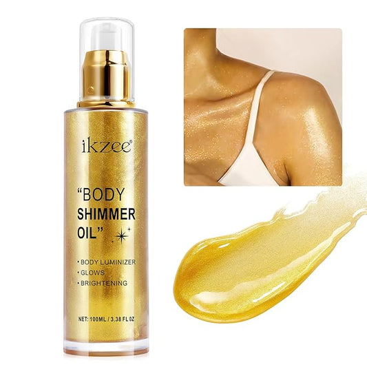 Body Shimmer Oil 100ml, Moisturizing Long Lasting Body Luminizer Face Brightener, Waterproof Liquid Illuminator, Shimmer Glow Highlighter Summer Glowing Tan Makeup (#02 Gold)
