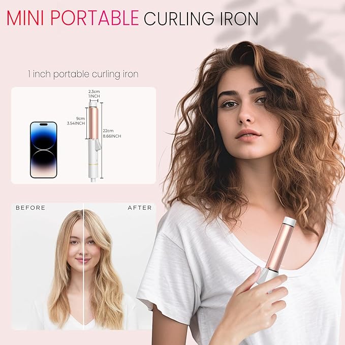 Ukliss Mini Travel Curling Iron 1 Inch, Dual Voltage 110-240V, 30s Fast Heating & Ionic Ceramic, Portable Hair Curler with Case, Perfect for Short to Medium Hair, Frizz-Free Curls (White)
