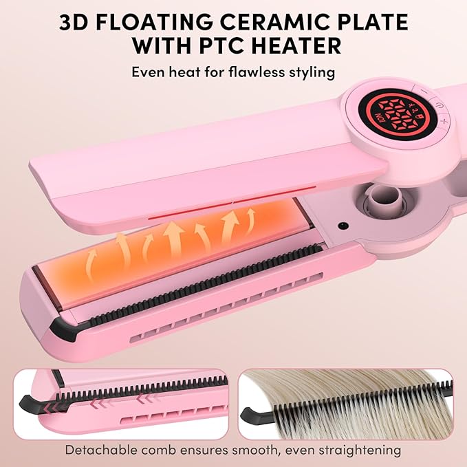 Hair Straightener, 1.5” Ceramic Wide Flat Iron with Infrared and Negative Ions, LCD Temp Control, Dual Voltage, Anti-Frizz Styling for All Hair Types, Pink