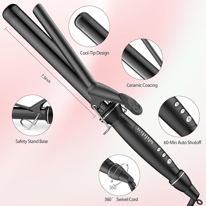 1 1/4 Inch Curling Iron, Tourmaline Ceramic Extra Long Barrel Curling Iron 1.25 Inch with Auto Shut-Off, Dual Voltage 110-240V Hair Curler Suitable for Travel, Including Glove