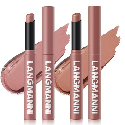 Jolilab 2Pcs Velvet Matte Lipstick Nude Matte Soft Dark Color Stick High Pigmented Long-Lasting Waterproof Lip Stick Lip Balm Beauty Cosmetics Gift for Girls and Women（01#+02#