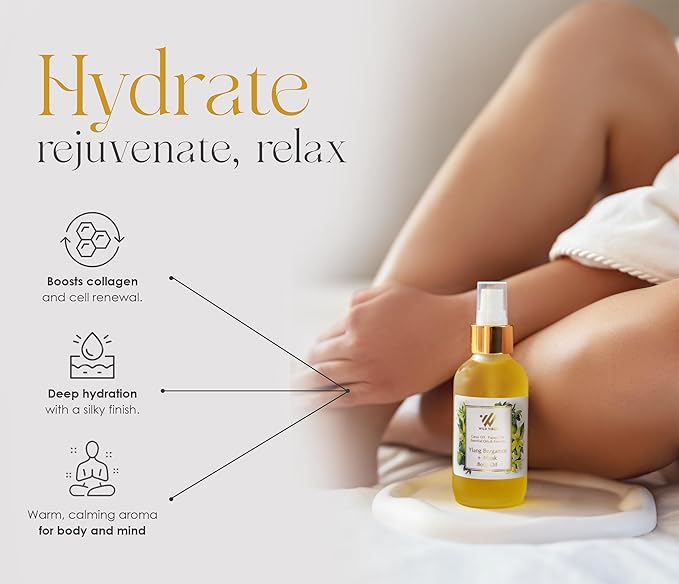 Wild Vibes Ylang Bergamot + Musk Body Oil with Vitamin E for Women After Shower – Nourishing Botanical Blend with Jojoba, Papaya Seed & Cacay Oil – Lightweight Hydration for Radiant Skin 4oz