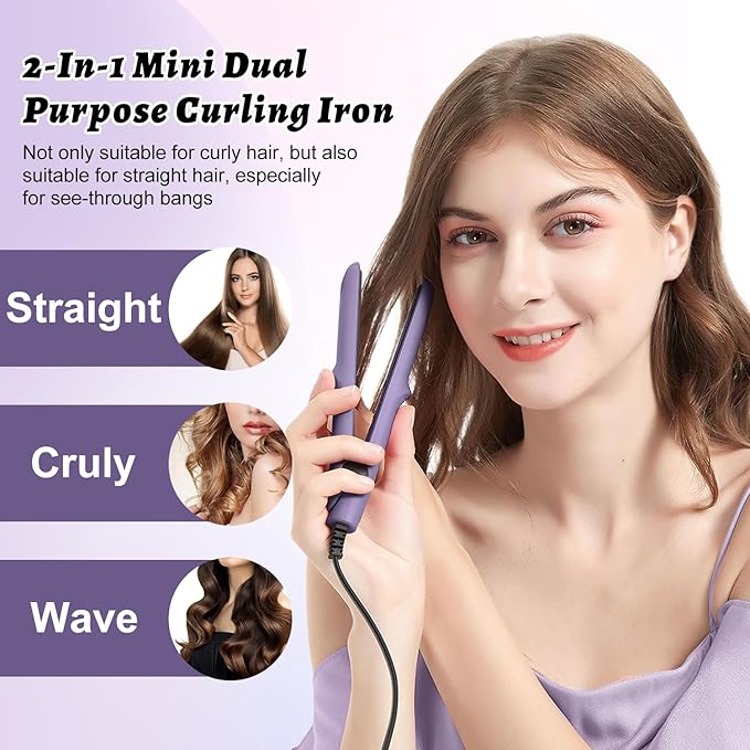 Long-Lasting Portable 2-in-1 Curling Wand and Straightener for Women and Girls, Dual Purpose Styling Tool for All Hair Types and Lengths - Short Hair Friendly (Dark Purple)