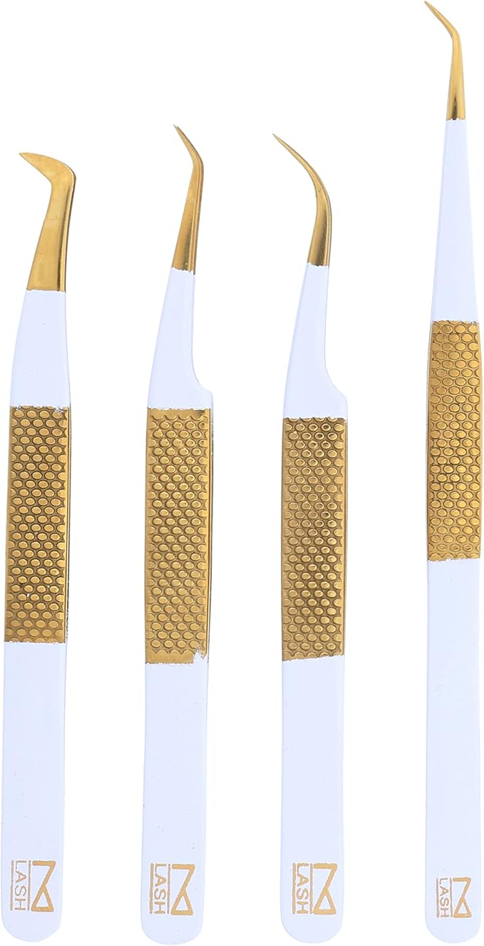 M LASH Tweezers for Eyelash Extensions (Set of 4) - Professional Lash Extension Tweezers - Fiber Tip, Japanese Steel, Diamond Grip Eyelash Extension Tweezer (WMG-SET)