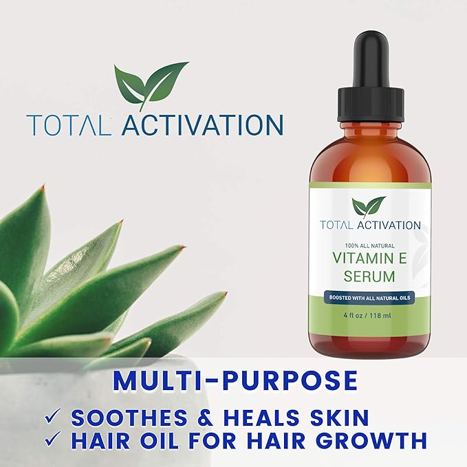 Total Activation Vitamin E Face Serum – Organic Vitamin E Oil 100% Pure, Cold Pressed for Skin, Face, Hair & Nails – Moisturizer for Dry Skin, Scars & Anti-Aging – for Glowing Skin – 4 oz