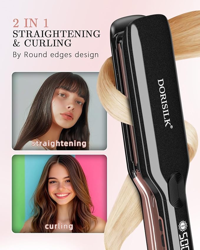 DORISILK 500 Degree High Temp Professional Hair Straightenr ， Ceramic Wide Flat Iron ，2 in 1 Hair Straightener and Curler，Plasma Flat Iron Get Frizz-Free and Shiny 500FW1