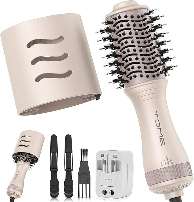 Tome Travel Hair Dryer Brush, Dual Voltage Blow Dryer Brush, Mini Hot Air Portable 2 inch Travel Hair Dryer Styler Volumizer Oval Shape (Tome Color)
