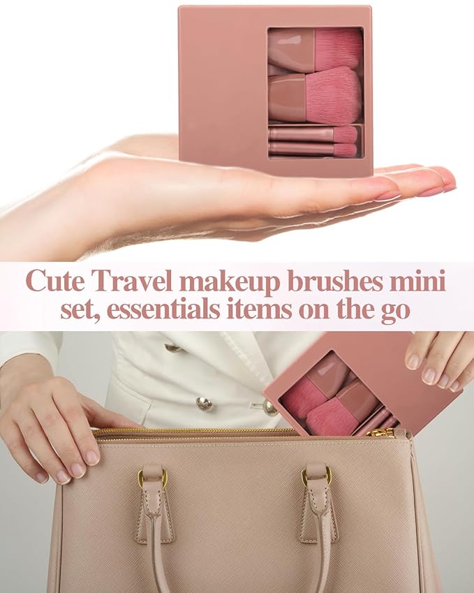 Travel Size Makeup Brushes Mini Set with Hard Case and Built-in Mirror, 5Pcs Small Cosmetic Brushes, On the Go Brush Travel Essentials kits for Women, Girls Gift (Sky Blue)