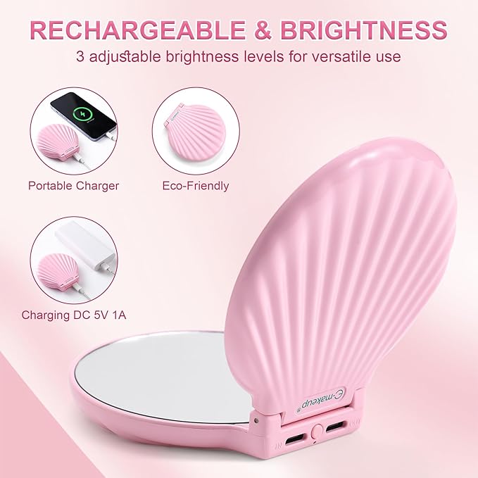 Compact Makeup Mirror with Lights Travel Vanity Mirror with Lights Small Compact Mirror 2x/10x Magnification & LED Lighted, Magnifying Mirror Portable Adjustable Rechargeable, Pink