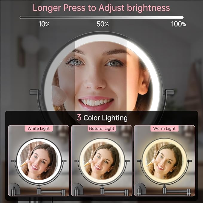 FUNTOUCH Rechargeable Wall Mounted Lighted Makeup Vanity Mirror 8 Inch Double Sided 1X 30X Magnifying Bathroom Mirror, 3 Color Lighting, Touch Dimming, Extended Arm 360 Rotation Light up Mirror Black
