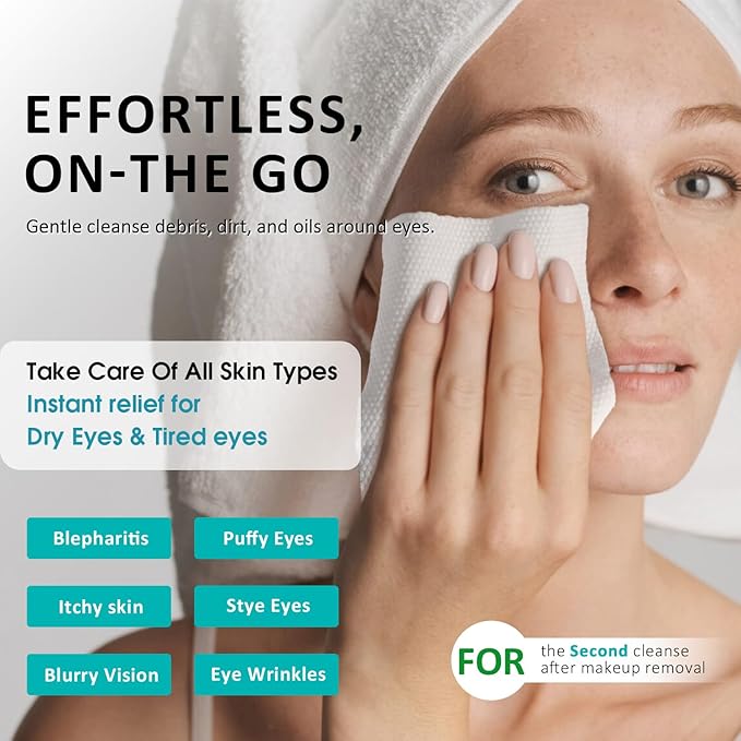 30PCS Eyelid Cleansing Wipes for Itchy & Dry Eyes, Saline Based Eye Wet Wipe with Tea Tree Oil, Daily Eye Cloths for Styes & Blepharitis, Moisture & Soothes Cleansing Wipes For Sensitive Eyes