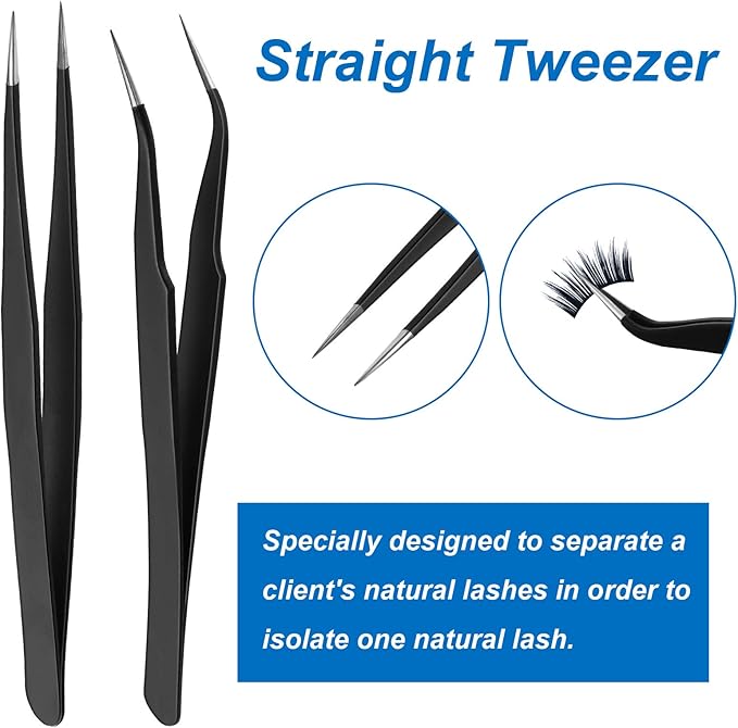 2 Pieces Straight and Curved Tip Tweezers Eyelash Extension Tweezers, Stainless Steel False Lash Application Tools (Black)