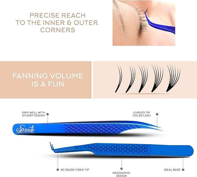 SIVOTE Eyelash Extension Tweezers Fiber Tips Japanese Steel, Set of 6 – Curved, Dolphin, 90° 45° Volume Boot & Slight Curved Tweezer – Professional Lash Tweezers for Lash Extensions Blue