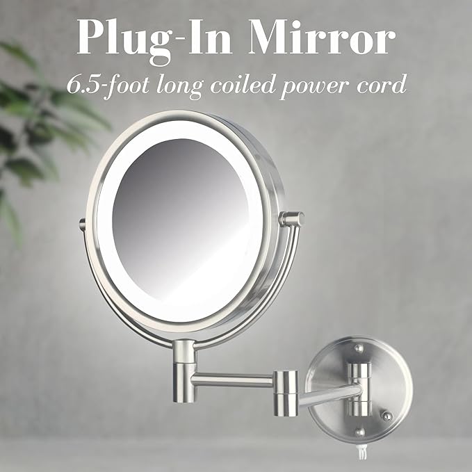 JERDON Wall-Mounted Vanity Mirror with Lights - Lighted Makeup Mirror with 8X Magnification & Nickel Finish - Plug in Model HL88NL
