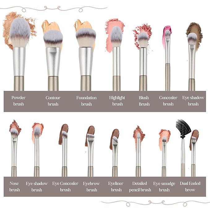 15 Pcs Makeup Brushes Set Vegan Foundation Concealers Blush Eyeshadow Eyeliner Powder Highlighter Blending Face Brush Set