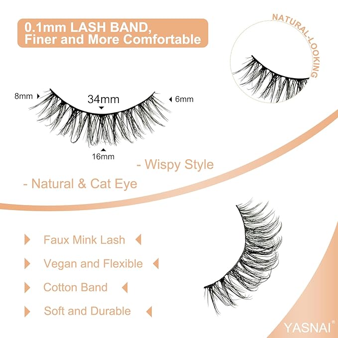 Wispy Lashes False Eyelashes Natural Look, Yasnai Lash Fake Lashes Volume Lashes, Natural Eyelash Strips Lashes Natural Eyelashes 6 Pairs Pack