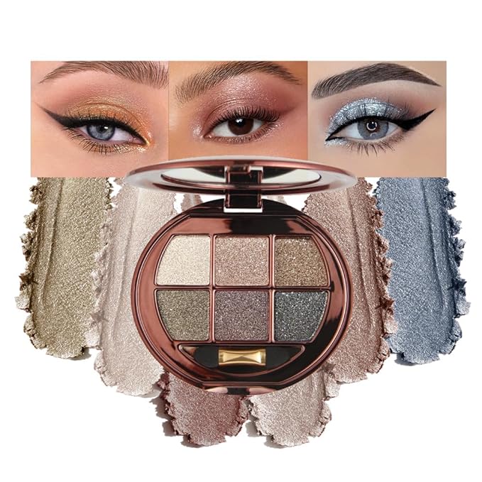 6-Color Glitter Eyeshadow Palette, Shimmer Pearlescent, Super Sparkle & Multi-Color Earth Tones, Waterproof, Sweatproof, Long-Lasting, Fine Texture for Vibrant, Smudge-Proof Eye Makeup-3212-2#