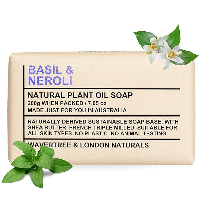 Wavertree & London Basil & Neroli Scented 100% Natural Soap Bar, 7oz Moisturizing French Triple Milled Soap Bar for Women & Men Enriched with Shea Butter, Pure Bath & Body Soap (1 Bar)