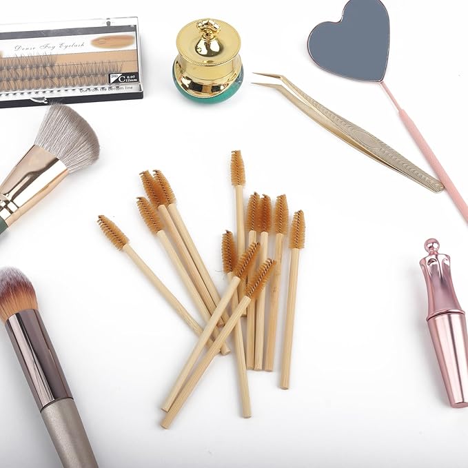 MyAoKuE-UP 100 Pack Bamboo Handle Mascara Wands Disposable Eyelash Brushes Lash Extension Tool, Brown