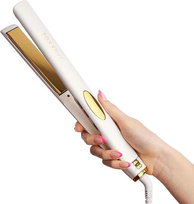 FoxyBae Trés Sleek Titanium Flat Iron Hair Straightener - Frizz-Free, Shinier & Smoother Hair - Dual Voltage Hair Styling Tools - w/LCD Display, Temperature Control, Auto Shut-Off 1" [Pearl Gold]