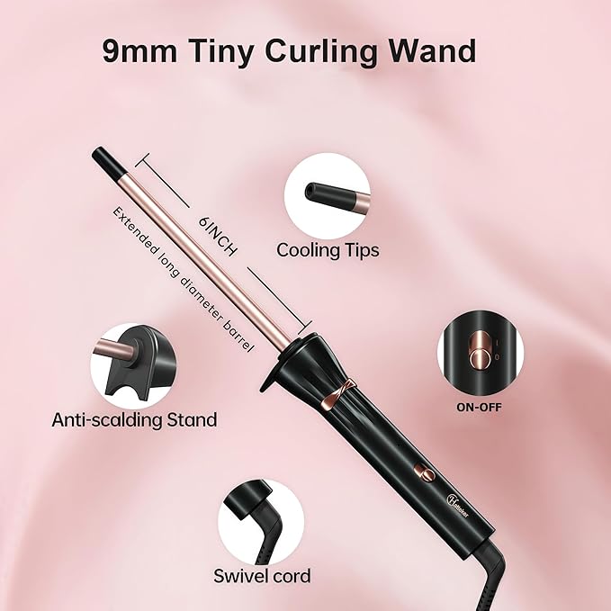 3/8 Inch Small Wand Curling Iron, 9mm Tiny Curling Wand for Short & Long Hair, 10S Instant Heat Up, Maximum Temperature 420°F, Includes Heat Protective Glove & Clips