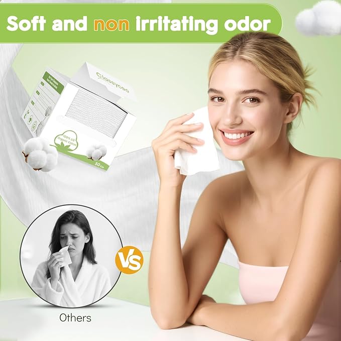 Classycoo 2 Pack Disposable Face Towel XL, 100% Cotton, Soft for Sensitive-Skin Facial Towelette Wipes Clean Towels, Odor-Free, Makeup Remover Cloths for Hand Dry Wipe, 12 x 10 in