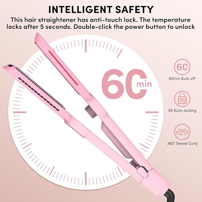 Hair Straightener, 1.5” Ceramic Wide Flat Iron with Infrared and Negative Ions, LCD Temp Control, Dual Voltage, Anti-Frizz Styling for All Hair Types, Pink
