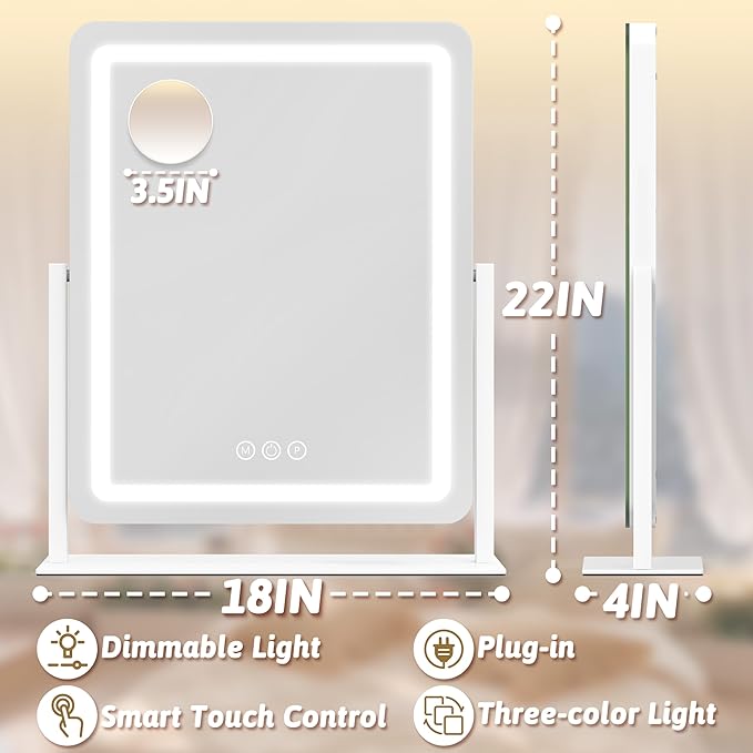 ROLOVE 22x18 Inch Vanity Mirror with Lights, 3 Color Dimmable LED Lighting, Smart Touch Control & 360° Rotation, Large Makeup Mirror for Bedroom, Dressing Room (White)
