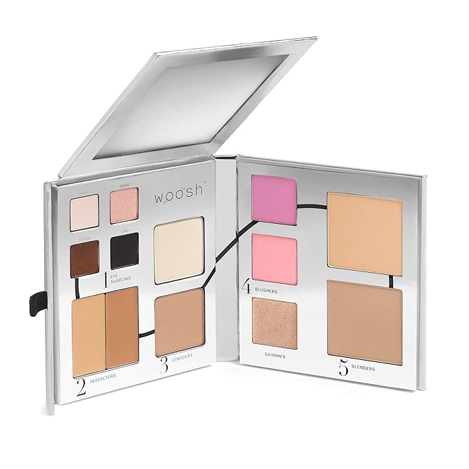 Woosh Beauty, Jetsetter Bundle in #2.5 Medium Tan, Fold out Face Original, Essential Brush Set, Travel Case in Black