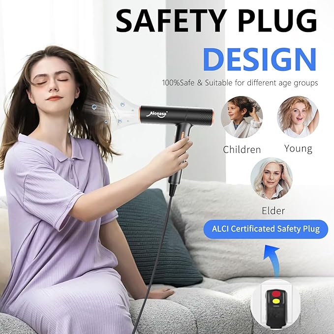 Hair Dryer, High Speed Ionic Blow Dryer with Brushless Motor for Fast Drying, Lightweight, Low Noise Compact Hair Blow Dryer, Hairdryer with 1 Magnetic Nozzle Attachments for Salon Home Travel