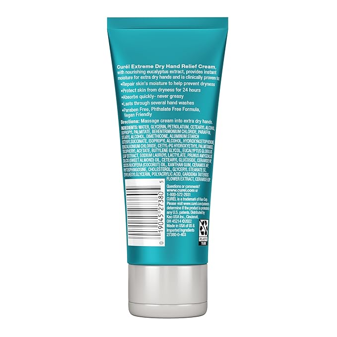 Curel Extreme Dry Hand Relief, Dermatologist Recommended, Long-Lasting Cream For Dry Hands, Paraben Free, Fragrance-Free Hand Lotion, 3 Oz