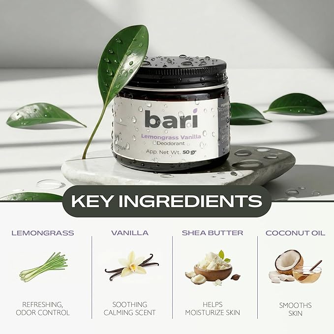 Bari Lemongrass Vanilla Deodorant – 50g Natural Aluminum-Free Deodorant for Long-Lasting Freshness, Sensitive Skin Friendly, Vegan & Cruelty-Free Personal Care