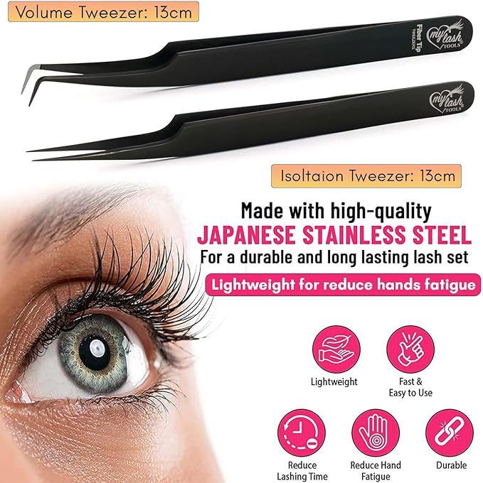 My Lash Tools Fiber Tip Lash Tweezers for Eyelash Extension Curved 90 Degree Angle Boot Tweezer Best for Volume, Individual Isolation & Classic Lashes Stainless Steel Lash Supply (Black 2x Set)