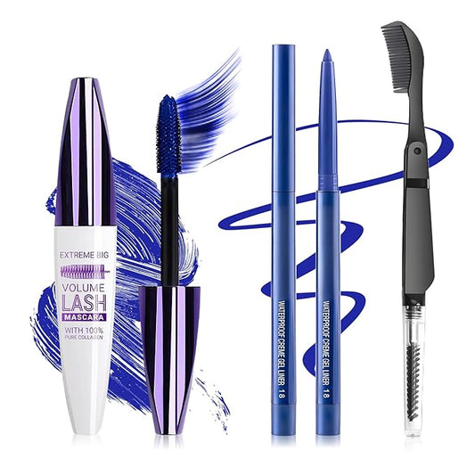 Blue Mascara and Eyeliner Set,5D Colored Mascara Volume and Length Waterproof,Natural Curling Lengthening,Suitable for Women Eye Makeup