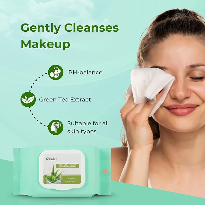 Feladel Aloe Vera Makeup Remover Wipe, 120pcs Gentle & Hydrating Face Wipes With Aloe Extract | Soft, Non-Irritating Cleansing Wipes for All Makeup Types & Daily Use