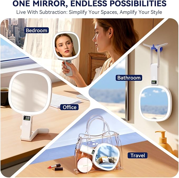 Auxmir Travel Makeup Mirror with Lights, Double Sided 30X/1X Lighted Magnifying Mirror, LED Display & 3 Color & Dimmable Brightness, Rechargeable Portable Vanity Mirror, Tabletop/Handheld/Hanging