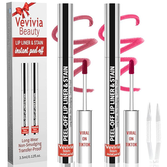 2pcs Lip Stain Peel Off - Lip Liner Stain Long Lasting Waterproof,2-in-1 Lip Liner with Tweezer Nude Matte,Non-Stick Cup,Highly Pigmented，Natural Finish,Stay On All Day,Perfect for Gift (Mauve+Rose)
