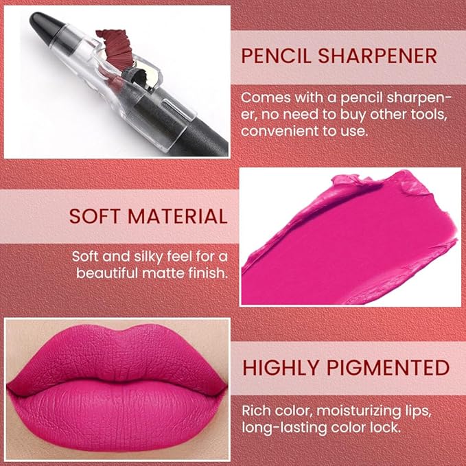 Dazzling Pink Crayon Matte Lipstick Lip Liner Pencil, Moisture Smooth Lipstick Penil, With Pencil Sharpener Sharpenable Lip Pen Ultimate Lip Crayon for Women Easy to Apply Waterproof 16#