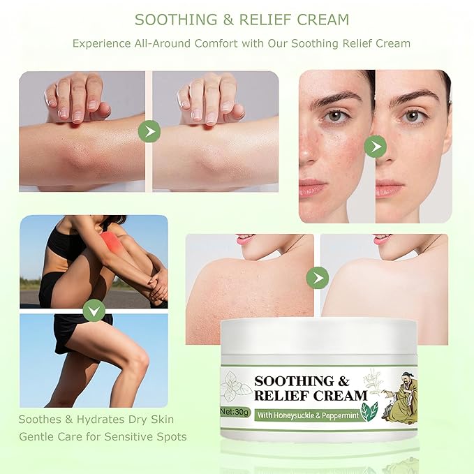Soothing Relief Cream with Honeysuckle & Calendula, Cooling Anti Itch for Sensitive Skin,Moisturizing Cream for Various Parts of the Body, Fast-Absorbing & Non-Greasy Formula