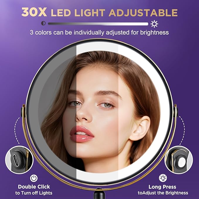 30x Magnifying Mirror with Light, Matte Black with Gold Trim, Makeup Mirror with 3 Color Lights & Brightness Adjustable, 5000mAh Rechargeable Vanity Mirror, Modern Style Side Touch + Side Charge