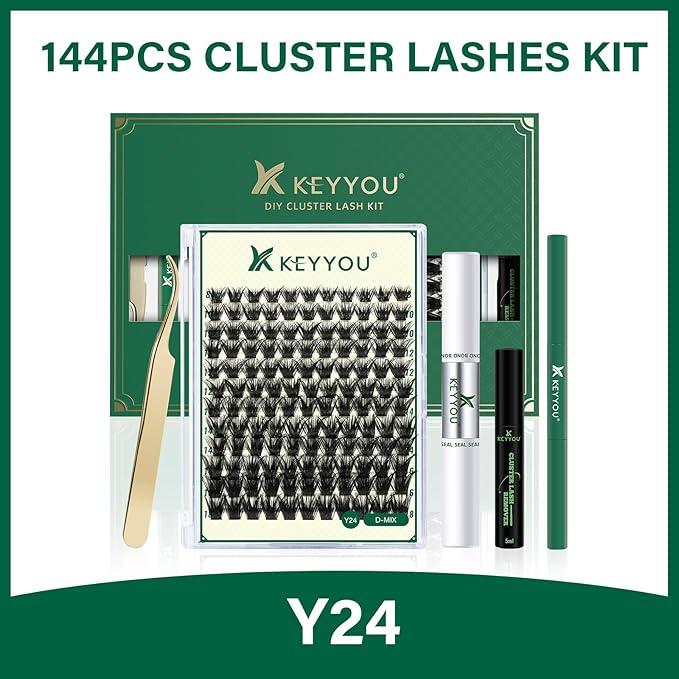 DIY Lash Extension Kit KEYYOU 144pcs Lash Clusters Eyelash Extension Kit with Mascara Brush Bond and Seal Lash Glue Remover Lash Applicators Lash Brush for DIY Lash Extensions (Y24 KIT)