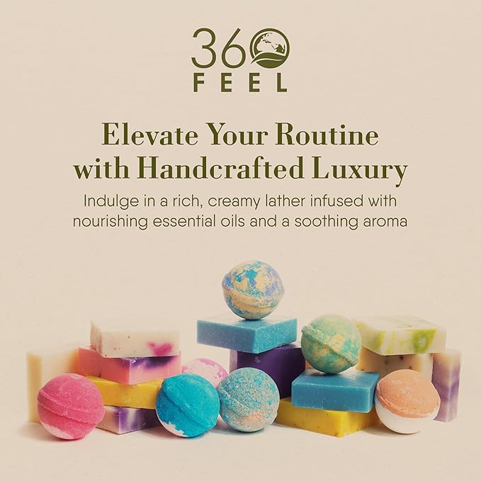 360 Feel Assorted Bar Soap Set - Made in the USA - Castile Handmade All Natural Cold Processed - Includes 4 Assorted Scents - Earthy, Floral, Fruity, & Sweet Fragrances - (5oz, 4-Pack)