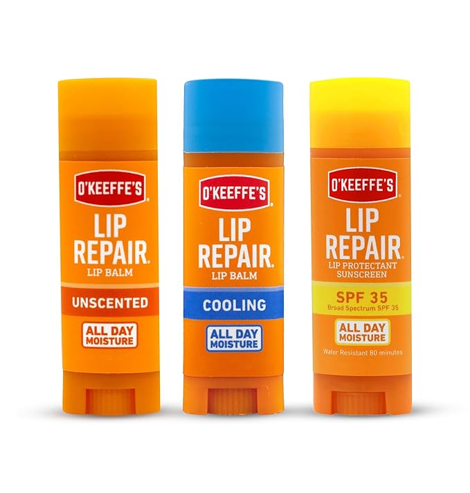 O'Keeffe's Lip Repair Lip Balm Set for Dry, Cracked Lips - Stick (Pack of 3: 1 Cooling + 1 Unscented + 1 SPF) - Moisturizer for for Extremely Cracked, Dry Lips