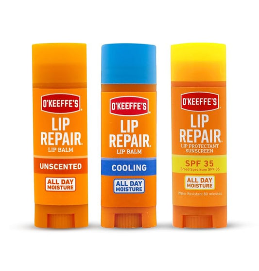 O'Keeffe's Lip Repair Lip Balm Set for Dry, Cracked Lips - Stick (Pack of 3: 1 Cooling + 1 Unscented + 1 SPF) - Moisturizer for for Extremely Cracked, Dry Lips